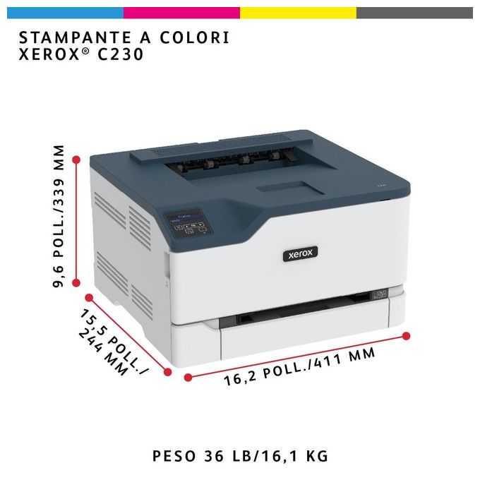 Xerox C230V_DNI C230 Stampante Laser A4 a Colori 22 ppm Fronte Retro Wi-Fi 2 Vassoi 251 Fogli colore Bianco Blu