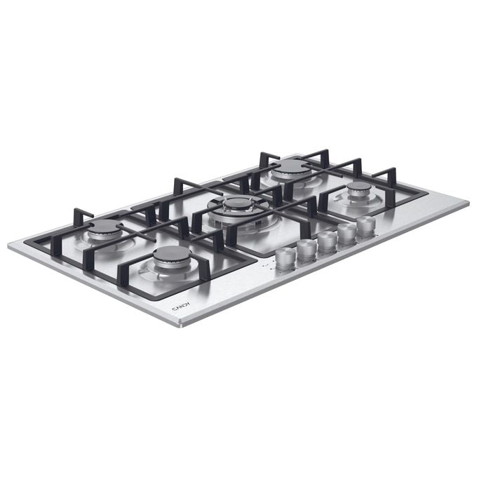 CANDY CHG93WX1 Moderna Piano cottura a Gas 86 cm 5 Fuochi Bruciatore Doppia Corona 3,5 kW Griglie in Ghisa colore Acciaio inox