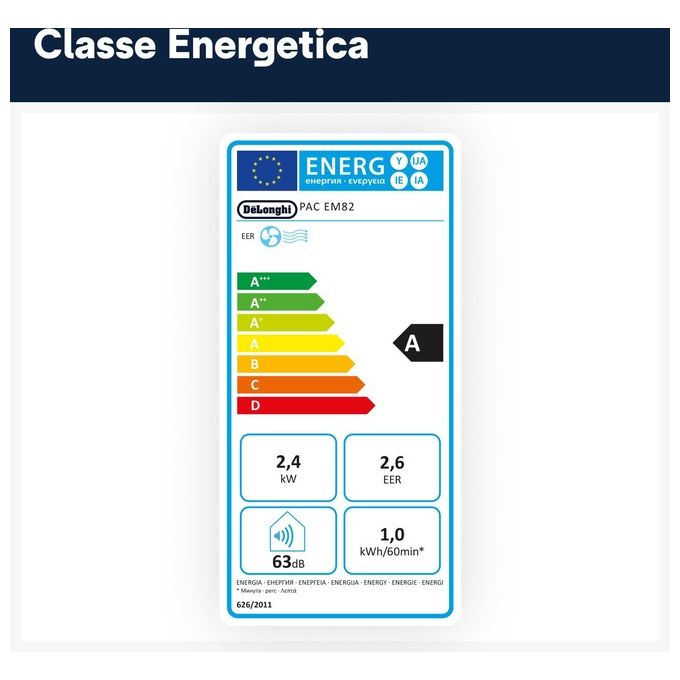 De'Longhi PAC EM82 Pinguino Condizionatore portatile 9400 BTU per ambienti fino a 80 m² Classe A Deumidificazione Timer 24H colore Bianco