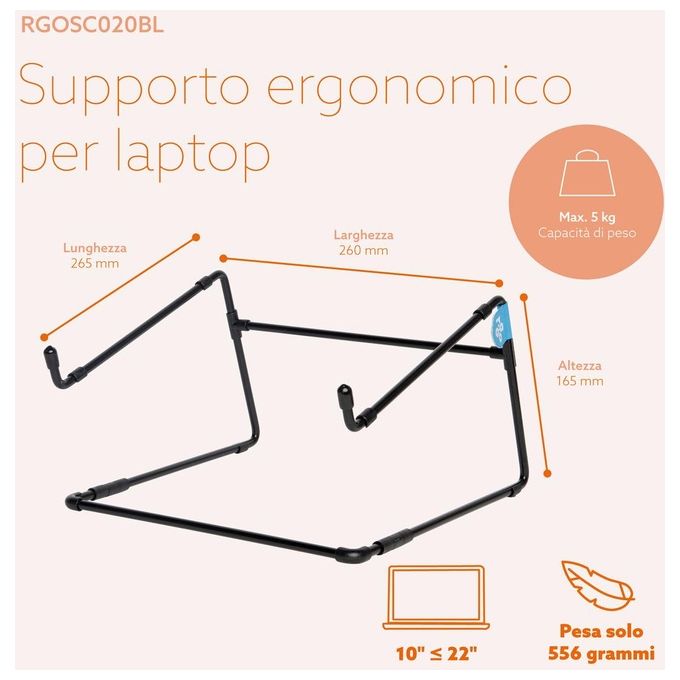 R-Go Tools RGOSC020BL Supporto per Laptop Steel Office Adatto per 10-22 Pollici Capacita' 5 Kg Colore Nero