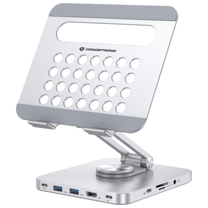 Conceptronic DONN26G Supporto per Tablet con Docking Station 8 in 1 USB 3.2 Gen 1 HDMI 4K 100W Power Delivery colore Argento