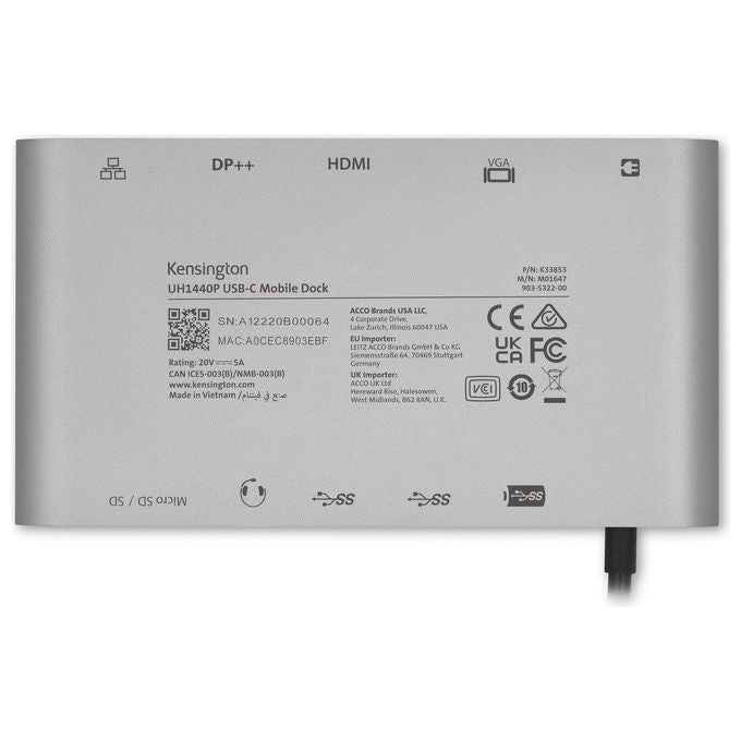 Kensington K33853WW UH1440P Docking Station Universale USB-C 10-in-1 Plug and Play 3 porte USB-A HDMI DisplayPort VGA Ethernet Gigabit Micro SD SD Audio 3.5 mm Alimentazione Pass-Through 85 W colore Nero