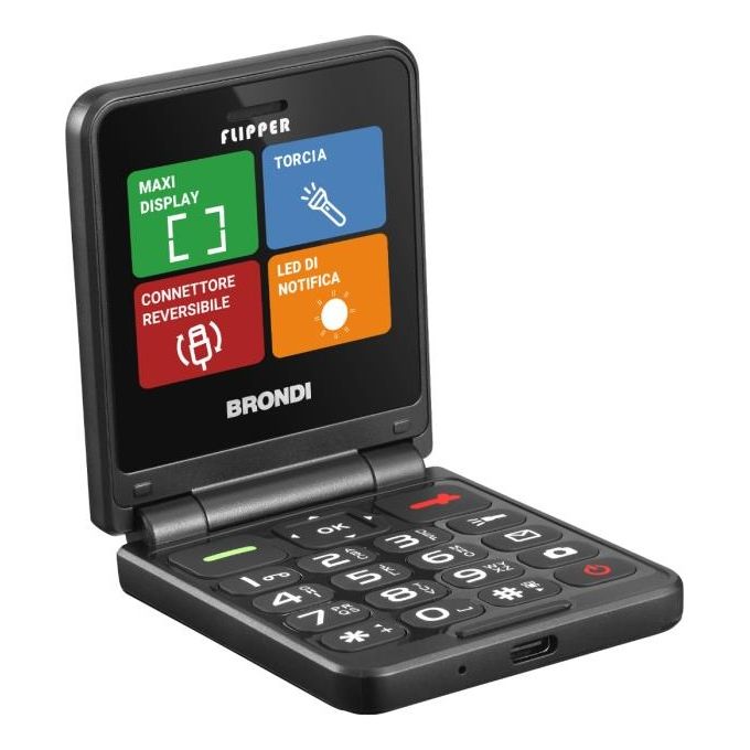 Brondi FLIPPER Telefono Cellulare Senior Clamshell Dual SIM 2.4'' 1.3 MP Bluetooth USB-C colore Nero