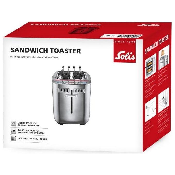 Solis 8003 Sandwich Toaster Tostapane 2 Fessure Extra Larghe 7 Livelli Doratura Funzione Turbo Funzione Bagel Inclusi 2 Morsetti per Panini colore Argento