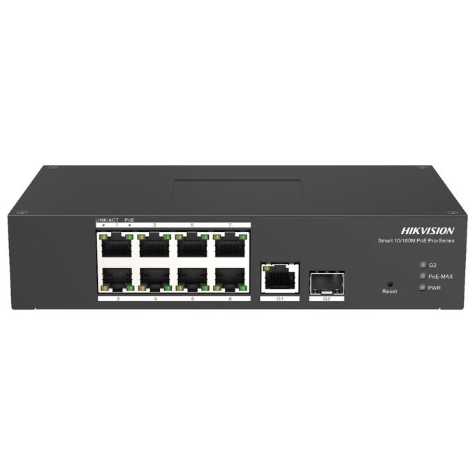 Hikvision DS-3T1310P-SI-HS Switch Gestito Industriale 8 Porte Fast Ethernet PoE 10-100 Mbps 1 Porta Gigabit RJ45 1 Porta Mini GBIC SFP Potenza PoE Totale 110 W colore Nero