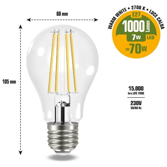 Beghelli Lampadina Led Goccia 7W e27 2700k Filament Led 2 Luce Calda 3 Pezzi