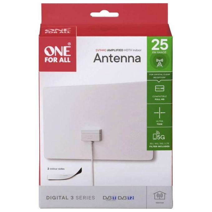 One For All SV9440-5G Antenna Interna Sottile con Filtro 3G 4G 5G DVB-T2 Full HD 238x141x44 mm colore Bianco
