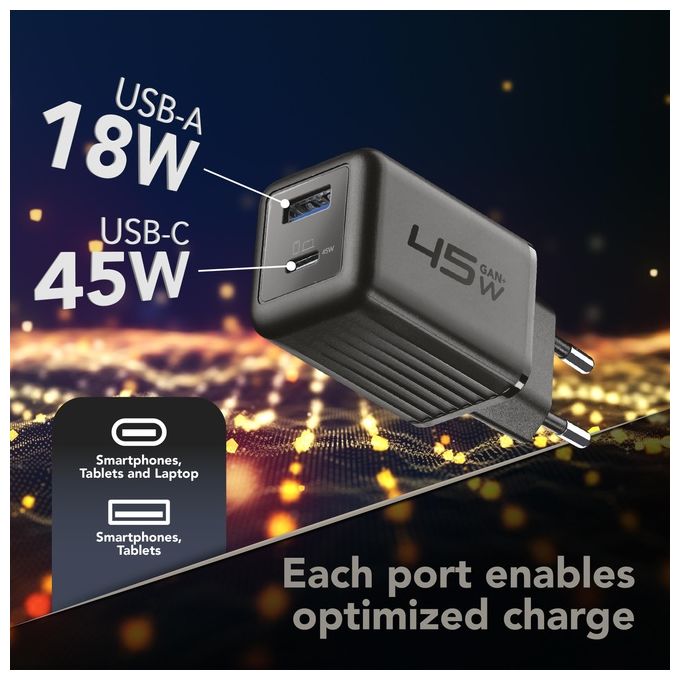 Cellularline ACHUSBGAN2PD45WK Multipower Micro Caricabatterie da Rete 45W 2 Porte USB GaN Super Fast Charging colore Nero
