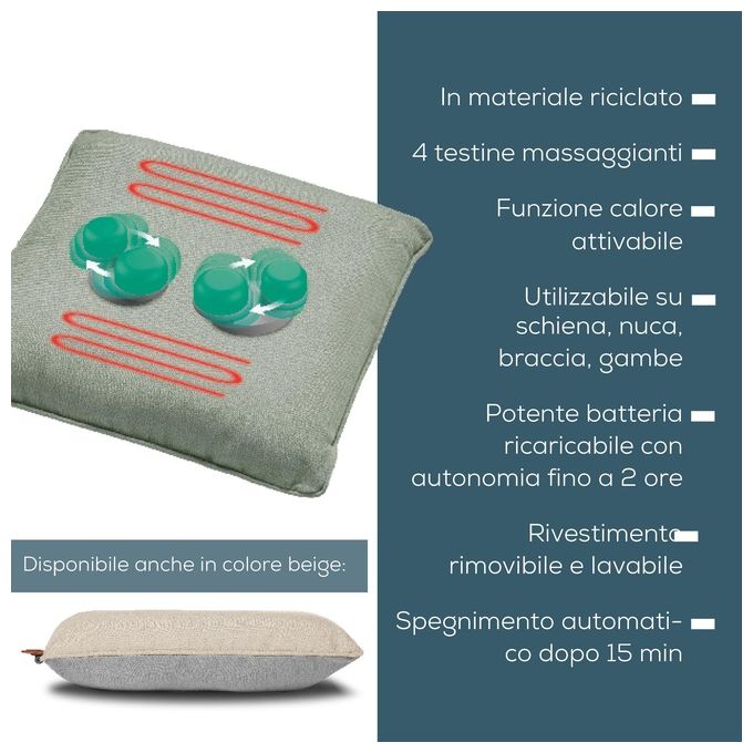 Beurer MG 139 Cuscino massaggiante Shiatsu a batteria 4 testine funzione calore 2 livelli autonomia 2h rivestimento lavabile colore Menta