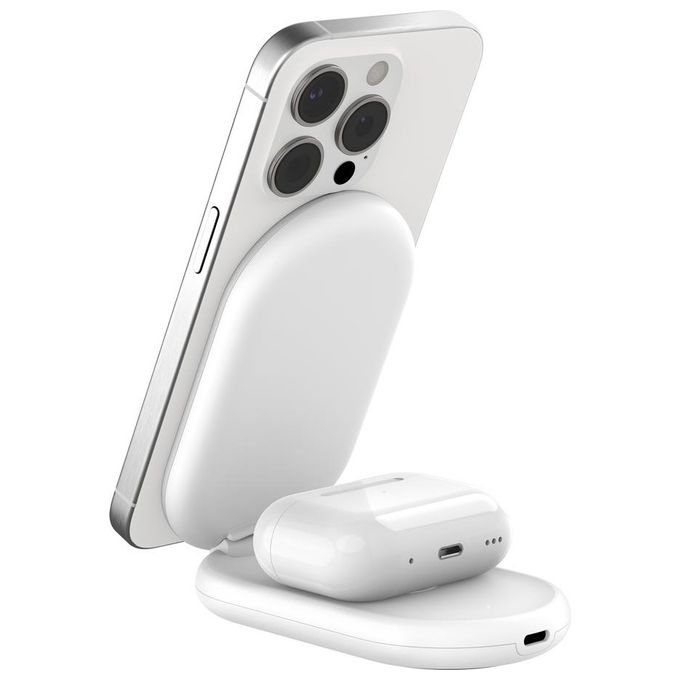 Belkin WIZ028VFWH BoostCharge Supporto di Ricarica Wireless 2-in-1 Qi2 15W con Design Pieghevole e Compatibilita' MagSafe colore Bianco