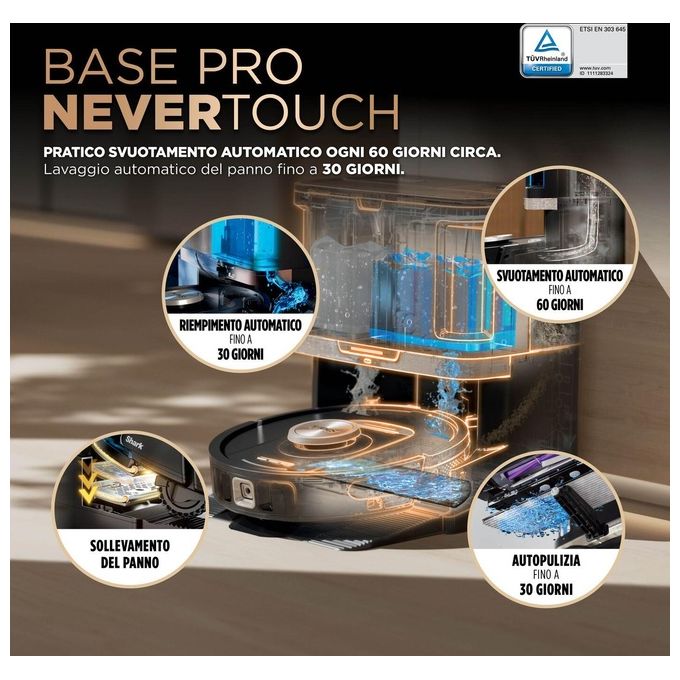 Shark RV2800ZEEU PowerDetect NeverTouch Pro Robot Aspirapolvere e Lavapavimenti 2 in 1 Navigazione 3D LiDAR Autonomia 100 min Wi-Fi-App colore Nero