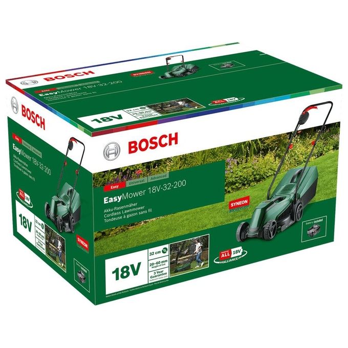 Bosch 06008B9D00 EasyMower 18V-32-200 Tagliaerba a spinta Batteria 18 V 4 Ah Larghezza Taglio 32 cm Capacita' Cesto 31 L Superficie Massima 200 m² colore Verde