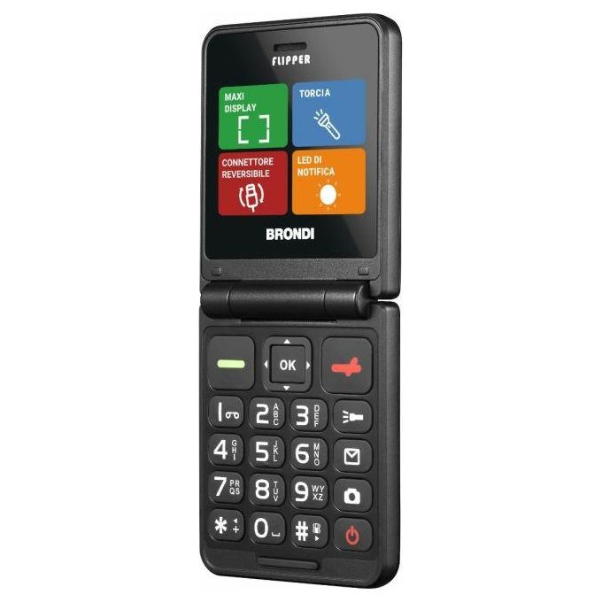 Brondi FLIPPER Telefono Cellulare Senior Clamshell Dual SIM 2.4'' 1.3 MP Bluetooth USB-C colore Nero