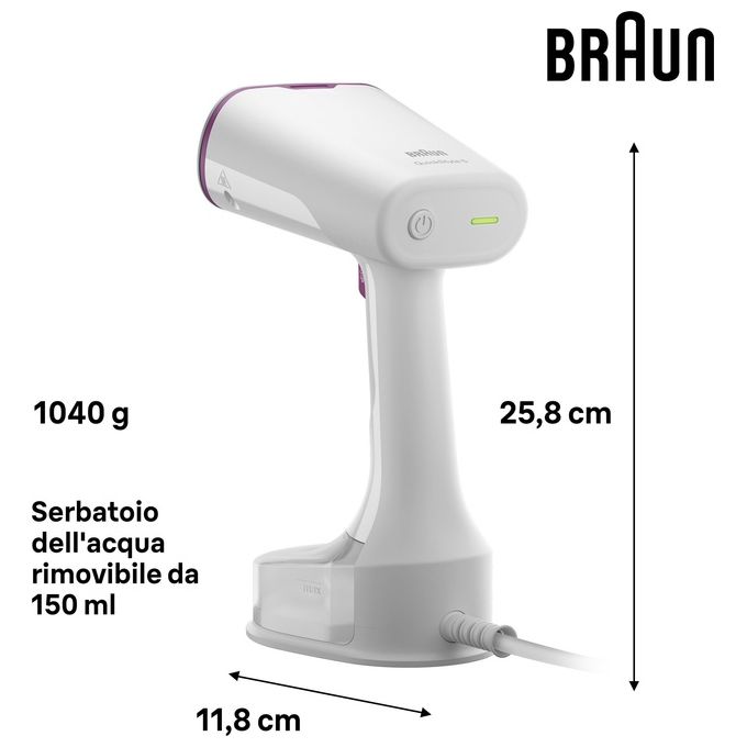 Braun GS5011PU QuickStyle 5 Stiratore Verticale 1200W Vapore 22 g-min Riscaldamento Rapido 45s Dual FreeGlide 3D colore Viola Bianco