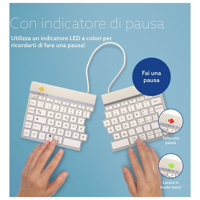 R-Go Tools RGOSBITWLWH Tastiera ergonomica split Bluetooth QWERTY italiano 60 tasti meccanismo a forbice software pausa integrato colore Bianco