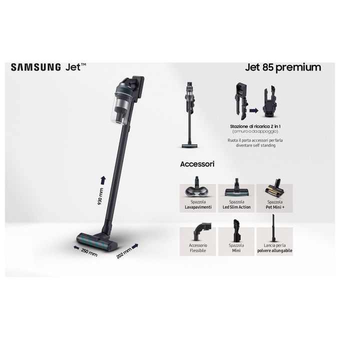 Samsung VS20C852FTB Jet 85 Premium Aspirapolvere a Bastone Multiciclonico 0,8 L 210W 60 min 86 dB colore Nero Blu