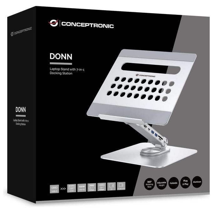 Conceptronic DONN27G Supporto per Laptop con Docking Station 7in1 Hub USB 3.2 HDMI Lettore Schede 100W colore Argento
