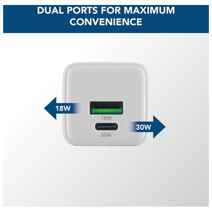 Cellularline ACHKITC2CGAN30TABW Multipower 30W Kit Caricabatterie da Rete con Tecnologia GaN 30W USB-C e 18W USB-A con Cavo USB-C to USB-C 100 cm colore Bianco