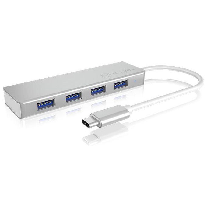 Raidsonic IB-HUB1425-C3 Hub USB-C a 4 Porte con 4 Porte USB 3.0 Connettore USB 3.0 in Alluminio Cavo Integrato Argento-Bianco