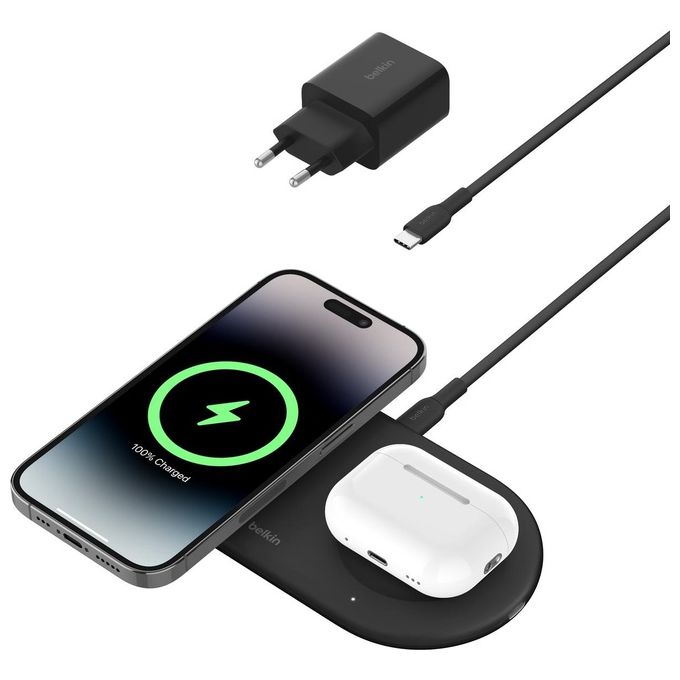 Belkin WIZ021VFBK BoostCharge Pro Tappetino di Ricarica Wireless 2 in 1 con Tecnologia Magnetica Qi2 Fino a 15W per iPhone e AirPods con Alimentatore 30W e Cavo USB-C colore Nero
