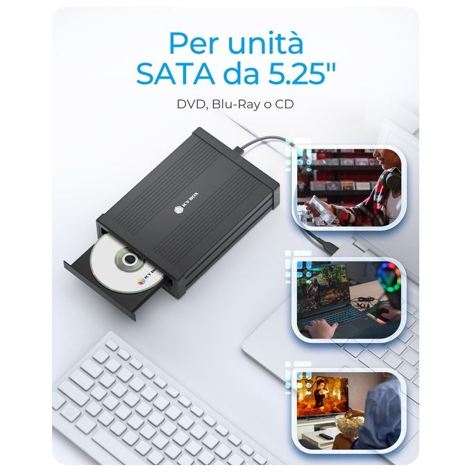 ICY BOX 60955 IB-525-U3 Contenitore Esterno per Unita' Ottiche 5,25'' SATA III USB 3.2 Gen 1 Tipo-A e Tipo-C colore Nero