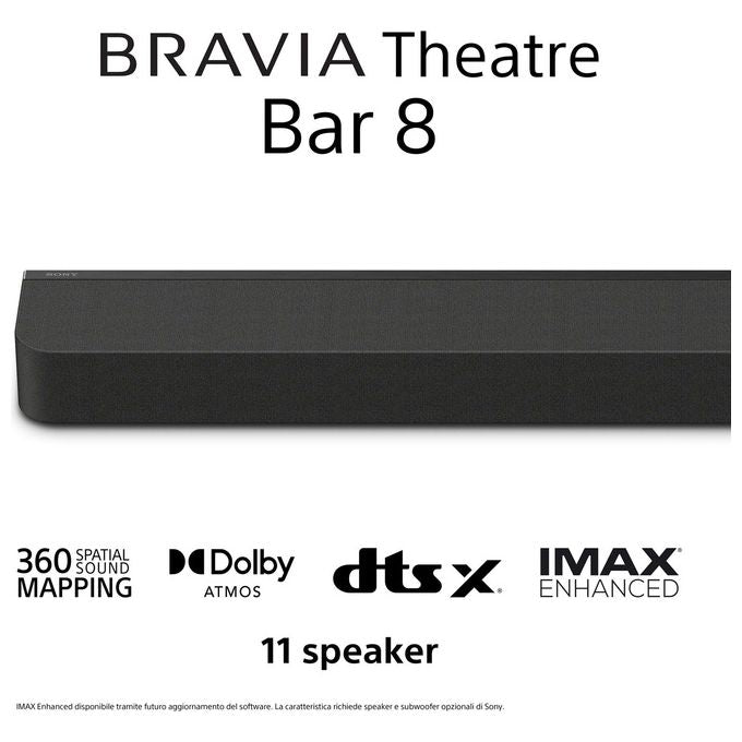 Sony HTA8000.CEL BRAVIA Theatre Bar 8 Soundbar Dolby Atmos 11 canali 360 Spatial Sound Mapping Wi-Fi Bluetooth colore Nero