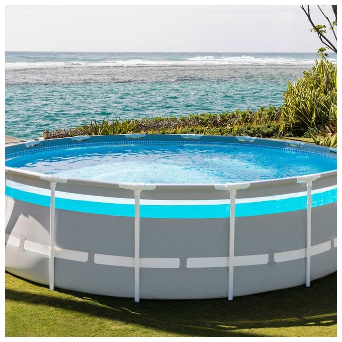 Intex 26722NP Prisma Frame Clearview Premium Piscina Fuori Terra Rotonda 427x107 cm con Finestra Panoramica e Pompa Filtro a Cartuccia colore Grigio Chiaro