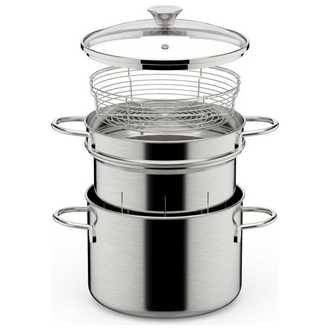 Lagostina 010166020922 Multiset PastaandVapore Pentola per Cottura Pasta e Vapore in Acciaio Inox con Cestello Graduato e Coperchio in Vetro colore Acciaio inox