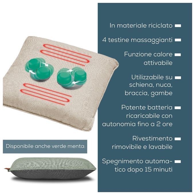 Beurer MG139 Cuscino massaggiante Shiatsu senza fili 4 testine funzione calore 2 livelli autonomia 2 ore colore Beige
