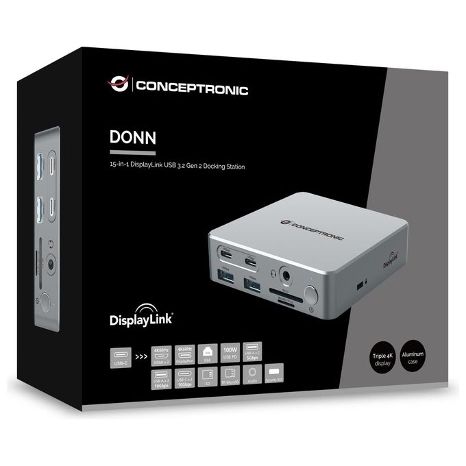 Conceptronic DONN25G Docking Station 15 in 1 con DisplayLink USB 3.2 Gen 2 Tripla Uscita Video 4K60Hz 2 HDMI 1 DisplayPort 2 USB-C 10 Gbps 2 USB-A 10 Gbps 2 USB-A 5 Gbps Lettore SD MicroSD Ethernet Gigabit Alimentazione USB PD 100W colore Argento