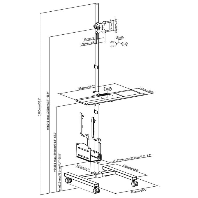 Equip 650171 Workstation Mobile per Monitor 17''-32'' con Vassoio Tastiera e Ruote Bloccabili colore Nero