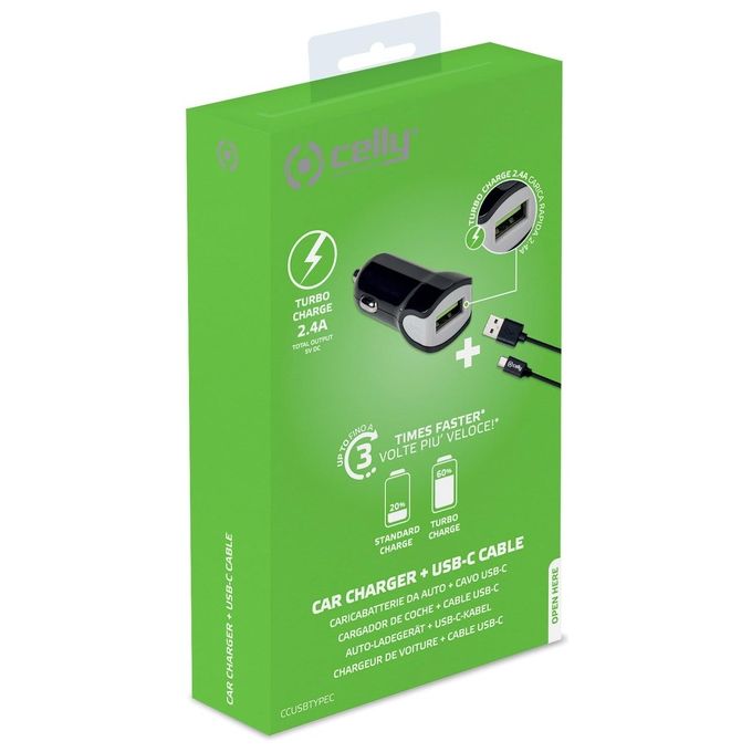 Celly CCUSBTYPEC Caricabatteria da Auto Universale con Cavo USB Tipo C Nero