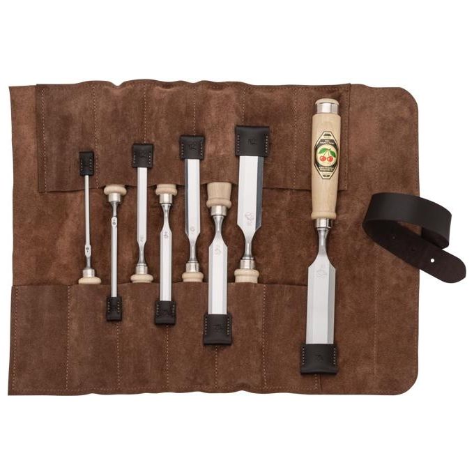 Kirschen 1131002 Set di Scalpelli 8 Pezzi in Acciaio al Carbonio Temprato con Borsa in Pelle Scamosciata colore Beige