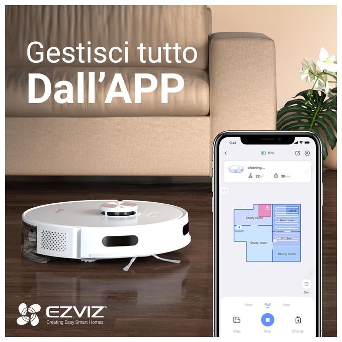 EZVIZ CS-RE4P-PWT2 RE4 PLUS Robot aspirapolvere Navigazione LDS LiDAR Capacita' 4,35 L autonomia 240 min Wi-Fi app colore Bianco