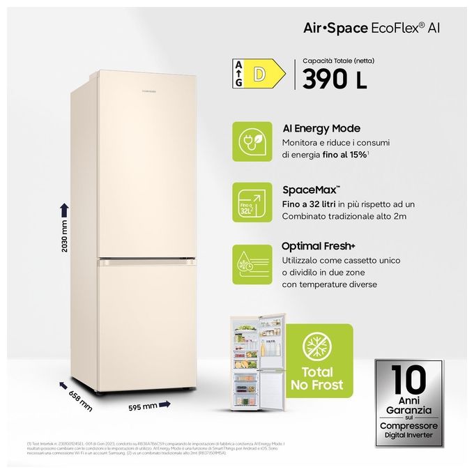 Samsung RB38C603DEL EcoFlex AI Frigorifero Combinato 390 L 203 cm Classe D 35 dB Total No Frost Wi-Fi SpaceMax colore Sabbia