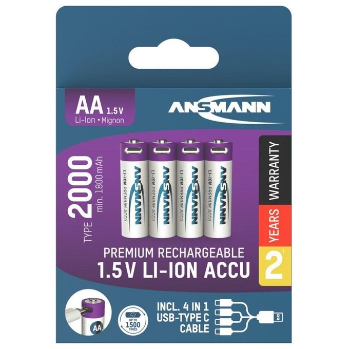 Ansmann Lithium Akku Mignon AA 1800mAh  Cable 4 Pezzi