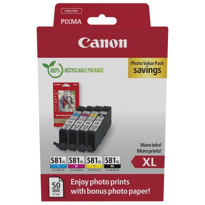 Canon 2052C006 CLI-581 XL Cartuccia d'inchiostro Originale Alta Resa Nero Ciano Magenta Giallo 4 pz colore Nero Ciano Magenta Giallo