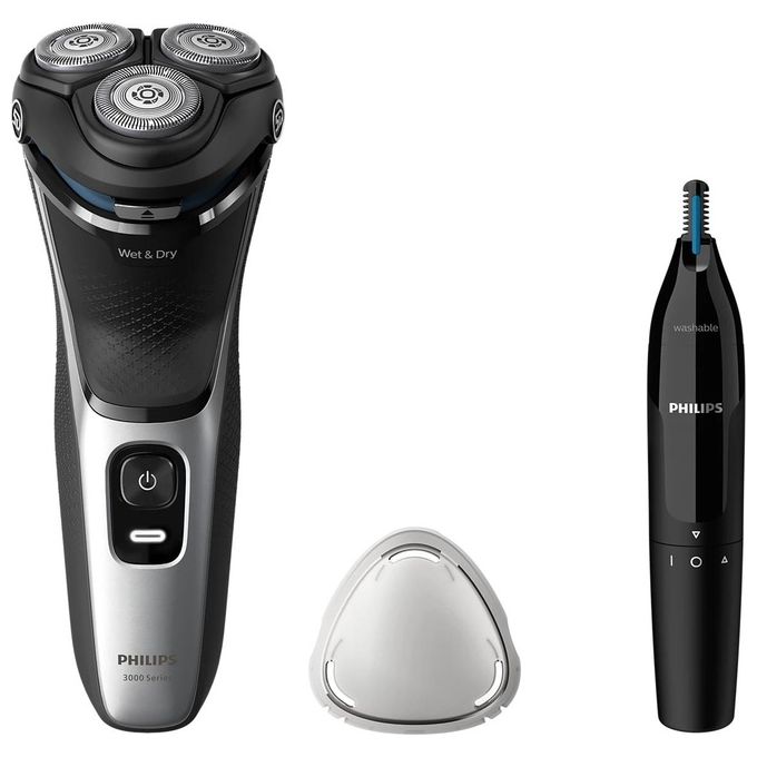 Philips S3143-02 Shaver Series 3000 Rasoio elettrico rotante Wet and Dry 3 testine autonomia 60 min colore Nero Argento
