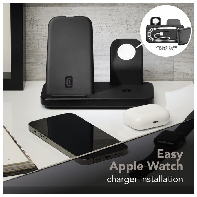 Cellularline WIRELESS3IN1IPHK Trio Wireless Charger Supporto di Ricarica Wireless 3in1 per iPhone Apple Watch AirPods 7.5W colore Nero