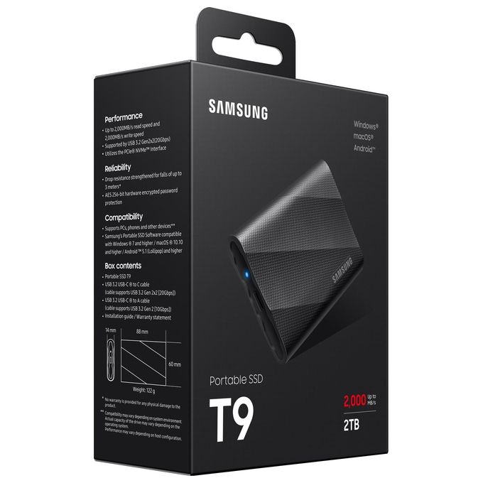 Samsung MU-PG2T0B-EU Portable SSD T9 SSD Portatile 2 TB USB 3.2 Gen 2x2 fino a 2000 MB-s colore Nero