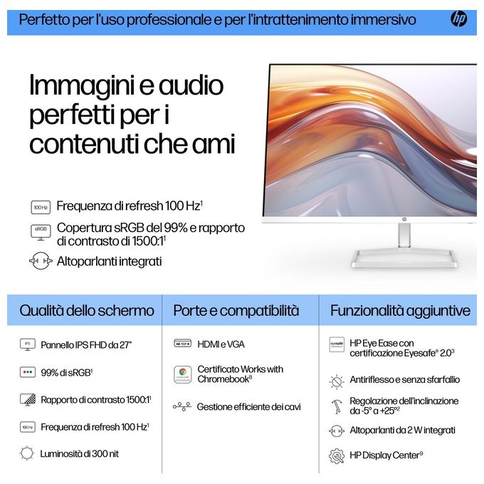 HP 527SA Series 5 Monitor PC 27'' Full HD IPS 1920x1080 100Hz 5ms Altoparlanti 4W colore Argento