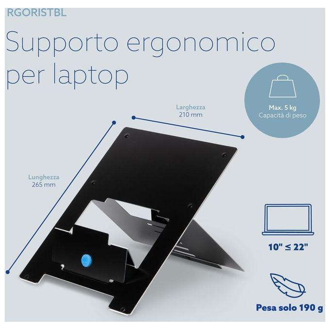 R-Go Tools RGORISTBL R-Go Riser Supporto per Laptop Regolabile in 5 Posizioni Inclinazione 30°-57° in Alluminio Hylite 5 kg colore Nero