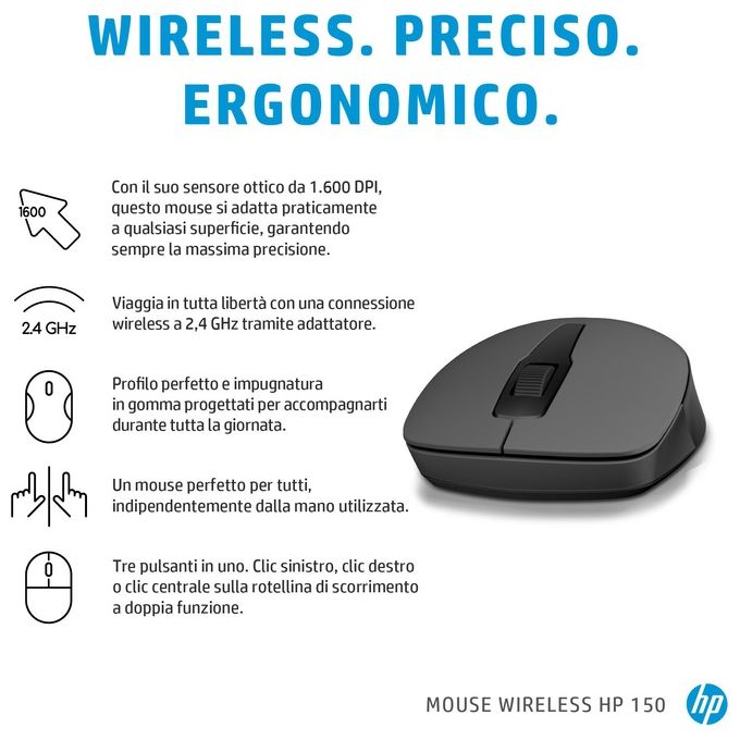 HP 150 Wireless Mouse Ambidestro RF Wireless Ottico 1600 DPI