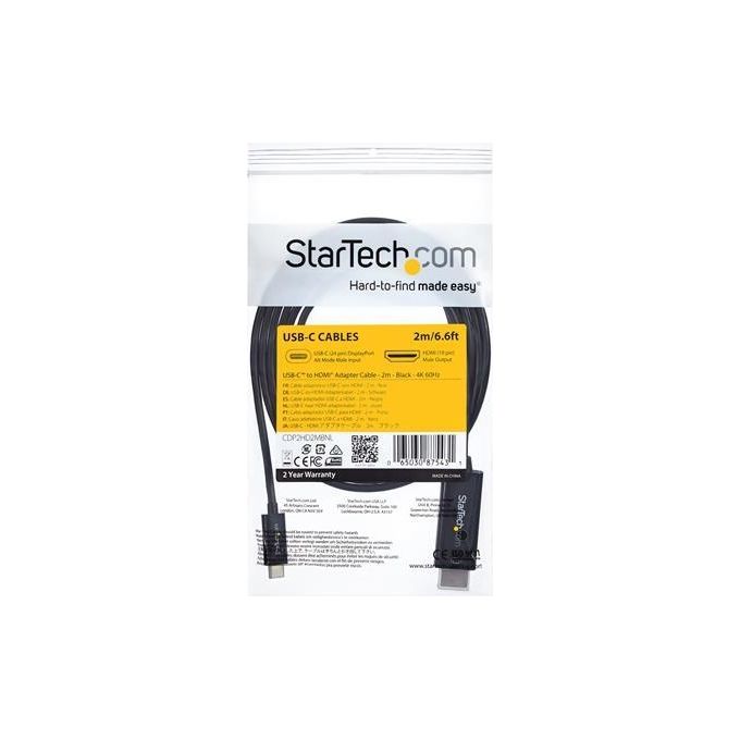 StarTech.com CDP2HD2MBNL Cavo adattatore USB C a HDMI 2m 4K 60Hz HDMI 2.0 Thunderbolt 3 colore Nero