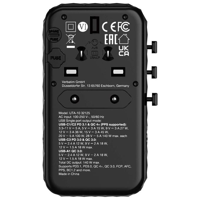 Verbatim 32125 GaN III Caricabatterie Universale da Viaggio 140W 4 Porte USB-C USB-A Power Delivery 3.1 Quick Charge 4+ colore Nero