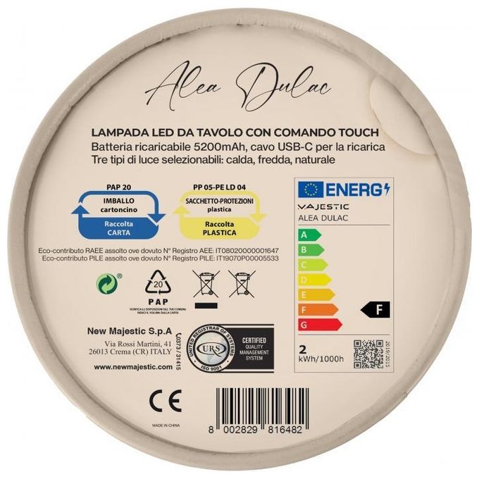 Majestic 120454 FG Lampada da Tavolo LED Ricaricabile Touch IP54 Luce Regolabile Multicolore