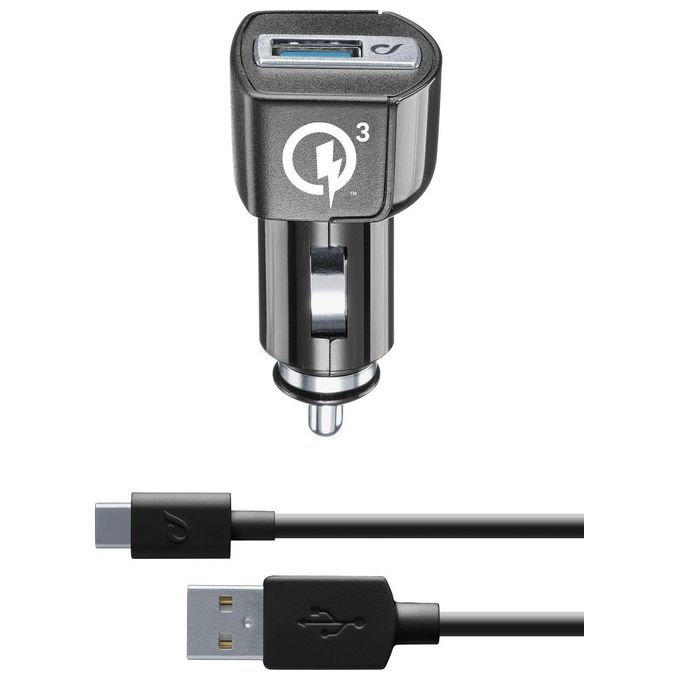 Cellular Line KIT_ Caricabatterie da Auto 18W e cavo Usb Type-C 1mt Nero
