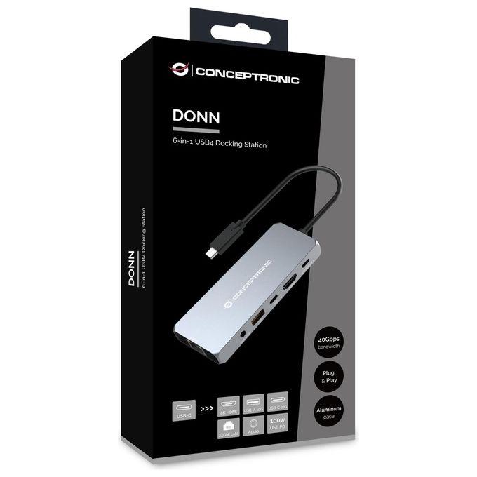 Conceptronic DONN22G Docking Station 6 in 1 USB4 40 Gbps HDMI 2.1 8K 60Hz Ethernet 2.5GbE USB PD 100W colore Grigio