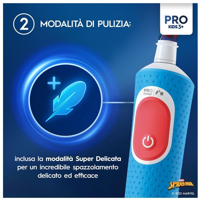 Oral-B VITALITYPROSPIDERMAN Pro Kids Spazzolino elettrico ricaricabile 2 modalita' timer 2 min per bambini da 3 anni colore Azzurro Bianco