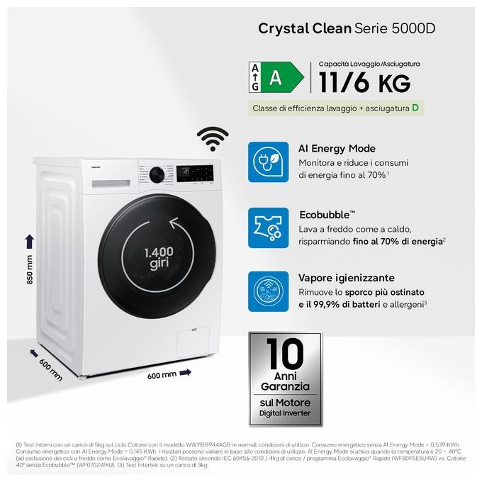 Samsung WD11DG5B15BEET Crystal Clean Lavasciuga Frontale 11-6 Kg 1400 rpm Classe A EcoBubble Vapore Wi-Fi SpaceMax (85x60x60 cm) colore Bianco